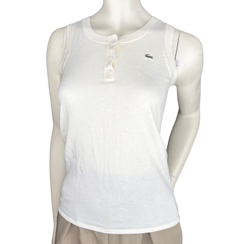 Lacoste Henley Tank Top White Cotton Knit Logo Preppy Old Money Tenniscore S/M